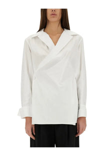 Givenchy women’s white long-sleeved blouse with draped asymmetrical collar and rolled cuffs in lightweight fabric