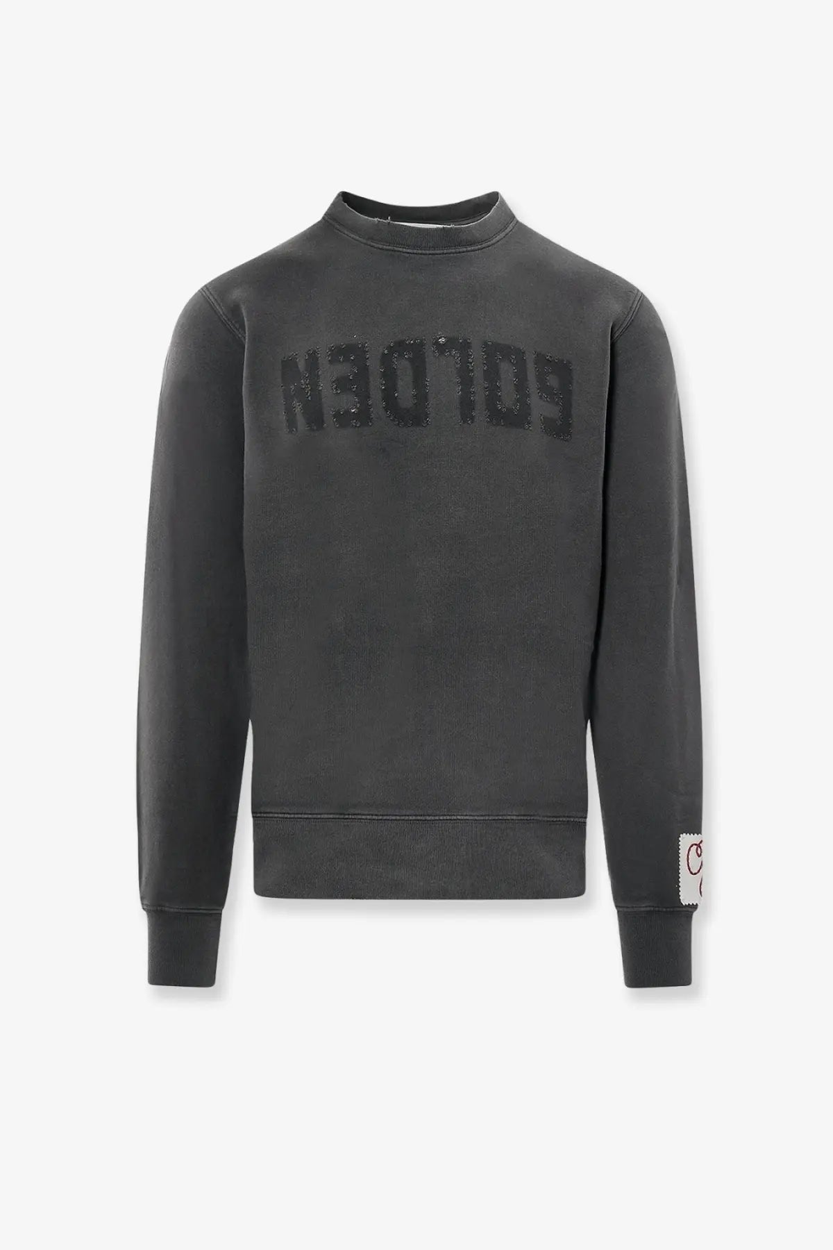Dark gray golden goose men’s archibald distressed cotton crewneck sweatshirt with gold embroidery and white sleeve patch