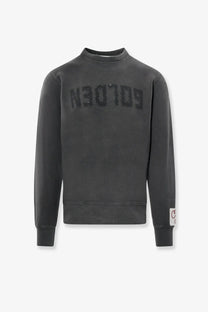 Dark gray golden goose men’s archibald distressed cotton crewneck sweatshirt with gold embroidery and white sleeve patch