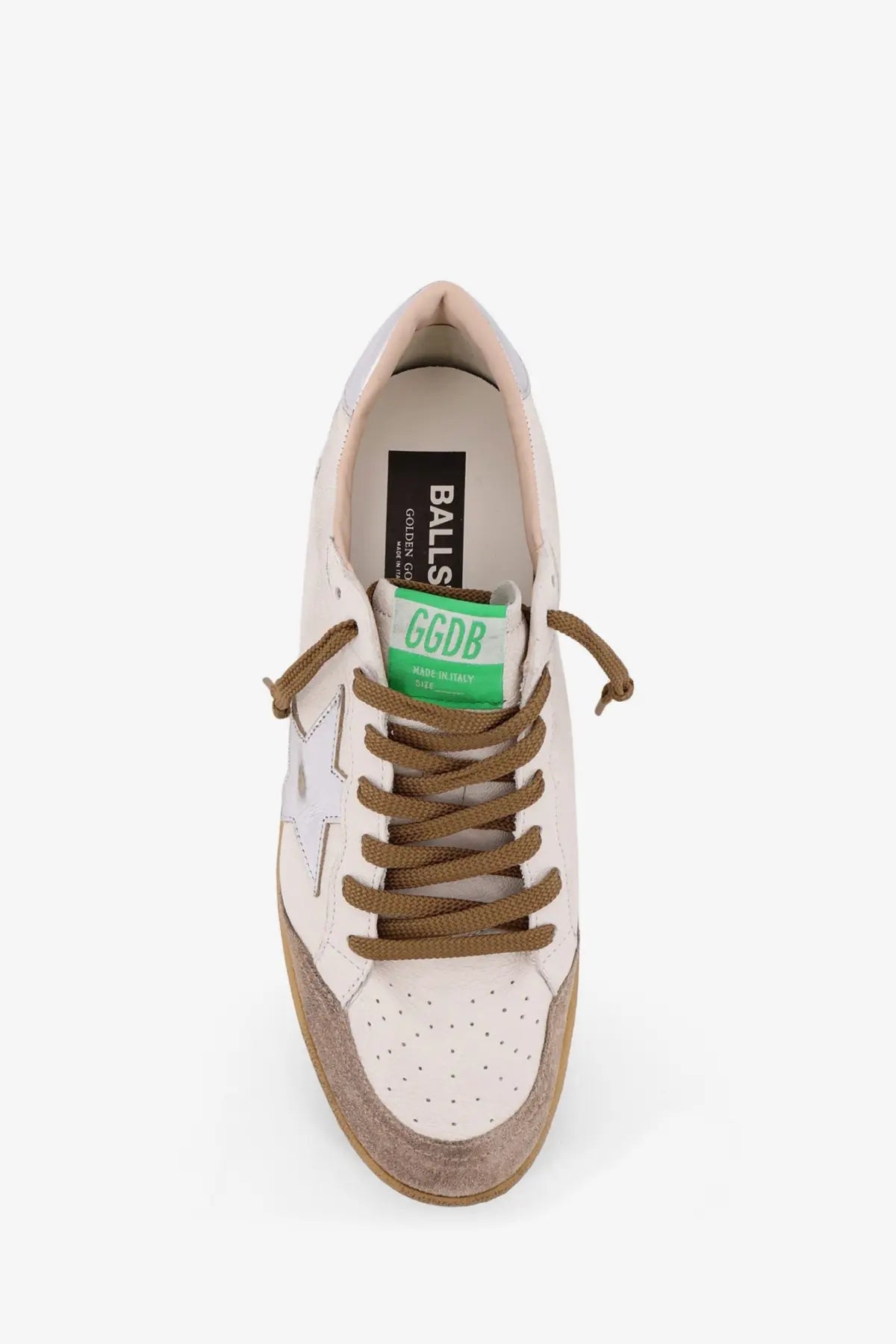 Cream-colored leather golden goose men’s ball star sneaker with brown laces and distressed rubber sole