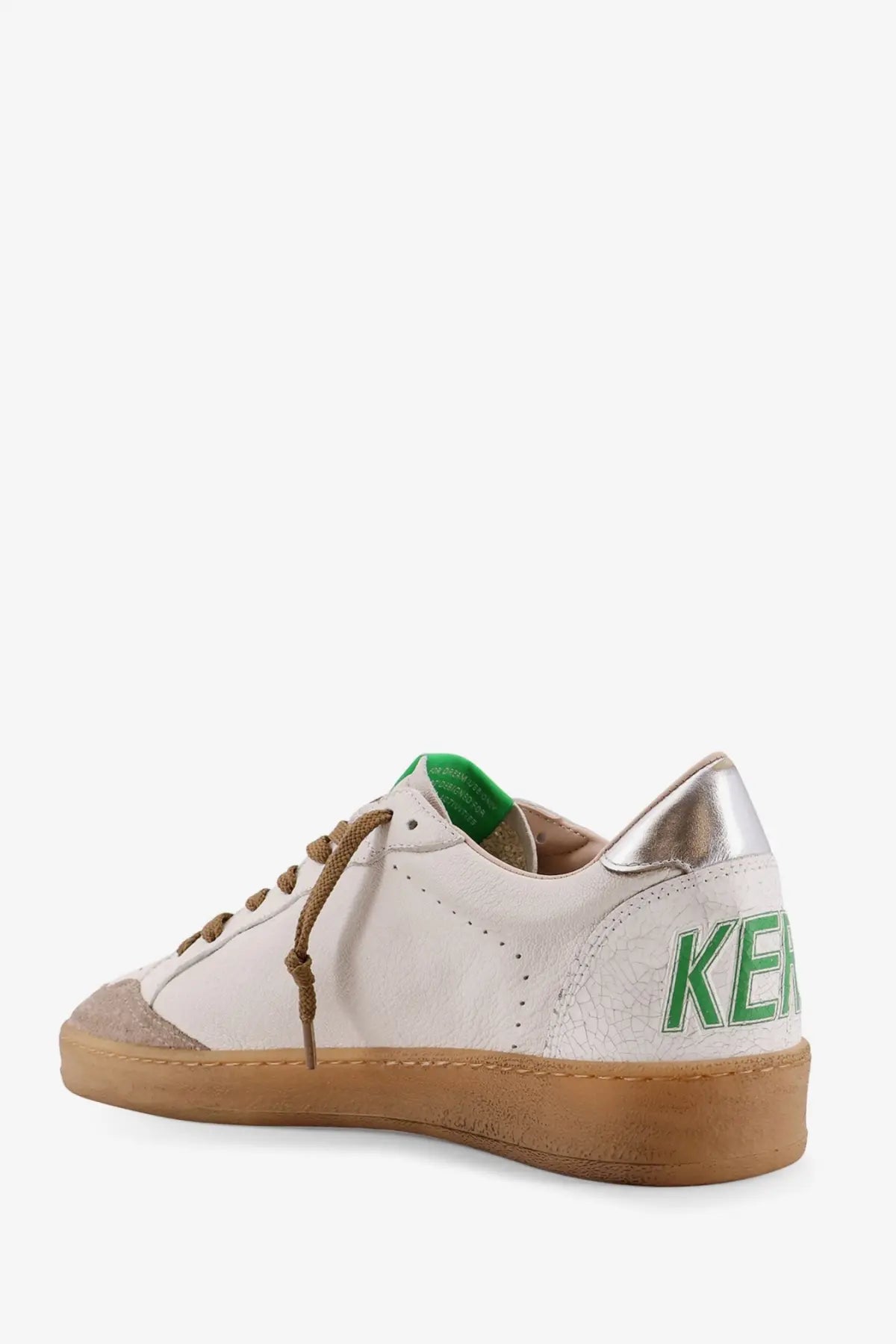 Golden goose men’s ball star leather sneakers white with green lettering tan laces sole and metallic silver heel tab