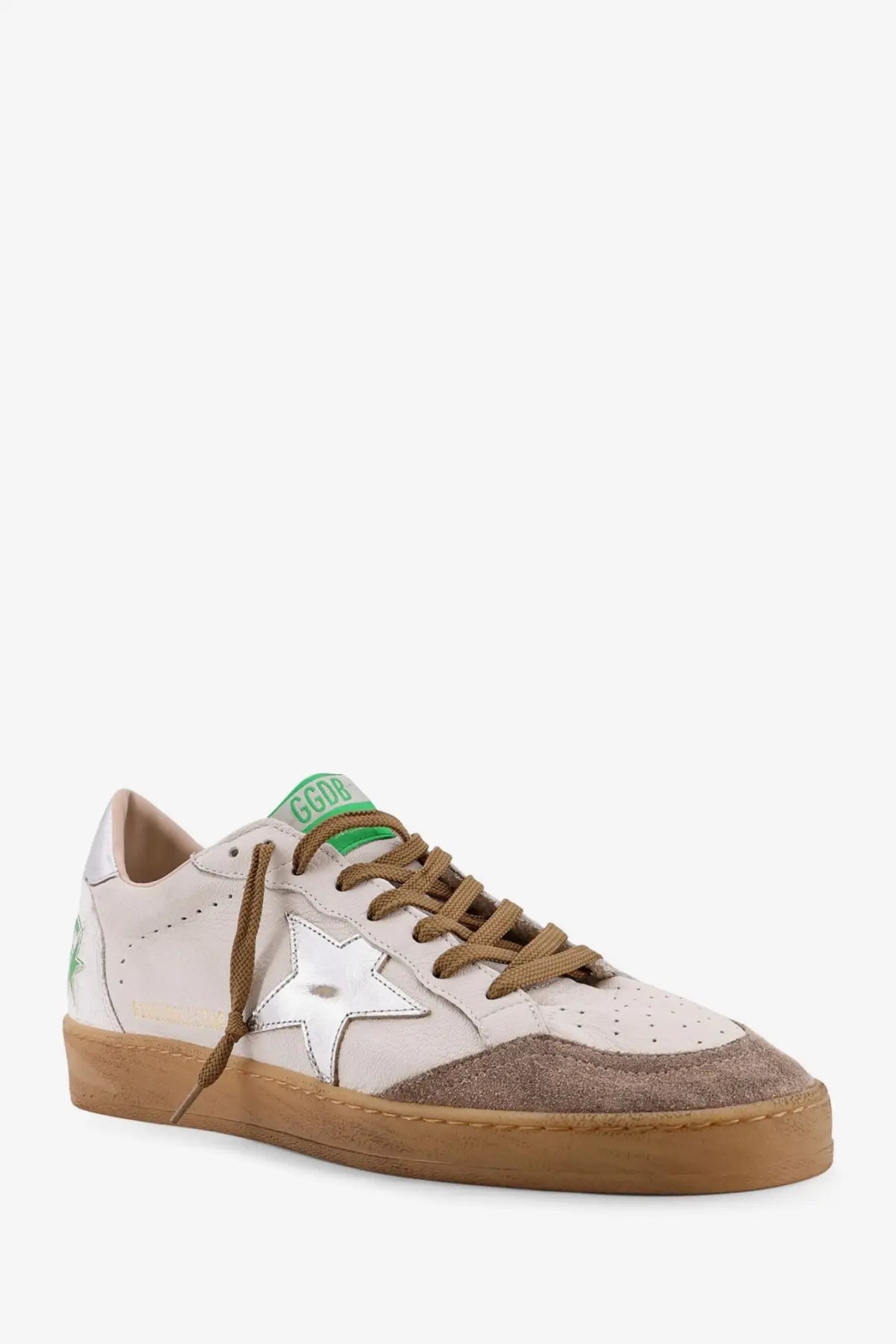 Golden Goose men’s ball star white leather sneakers with silver star patch brown suede accents and gum rubber sole