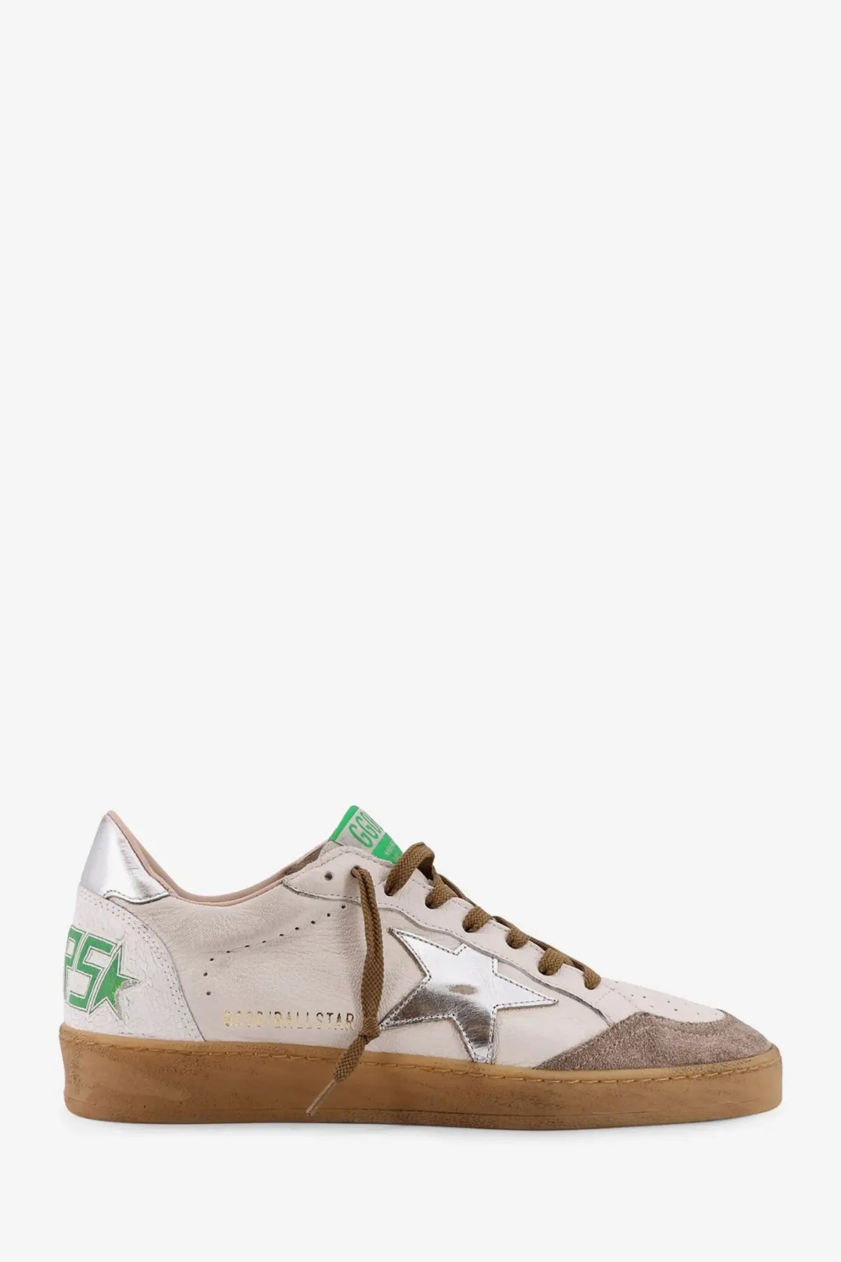 Golden Goose men’s ball star white leather sneakers with silver star patch green branding brown laces and tan sole