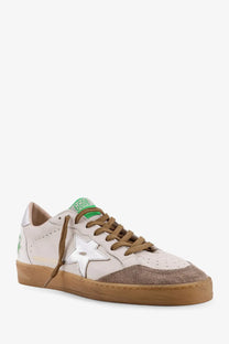 Golden Goose men’s Ball Star white leather sneaker with silver star patch brown suede toe and gum rubber sole