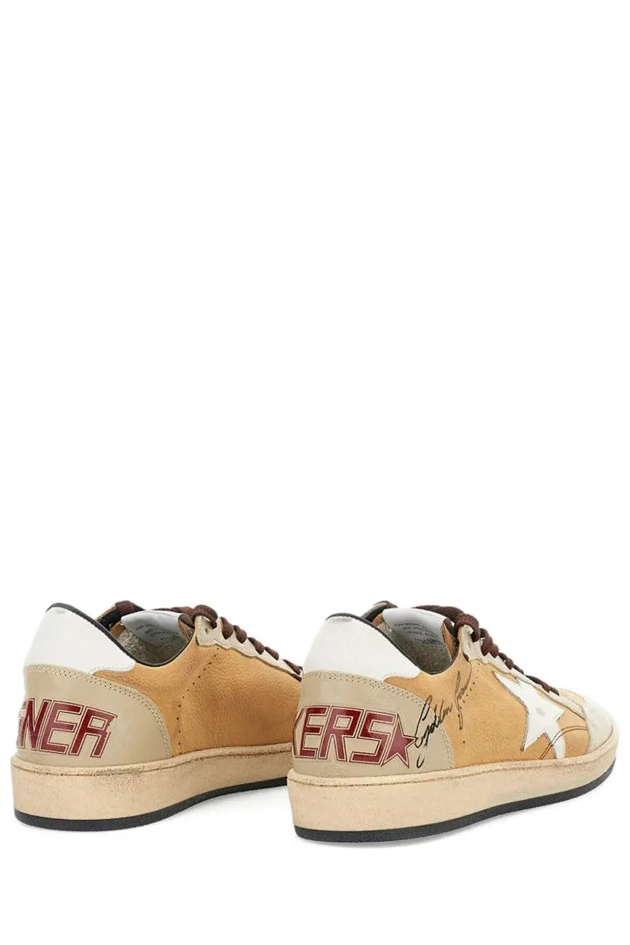Golden Goose mens ball star sneaker in brown tan and white distressed leather with red lettering and star logo