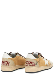 Golden Goose mens ball star sneaker in brown tan and white distressed leather with red lettering and star logo