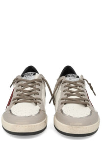 Golden goose men’s ballstar sneaker multicolor low-top gray and white distressed leather with red star side detail