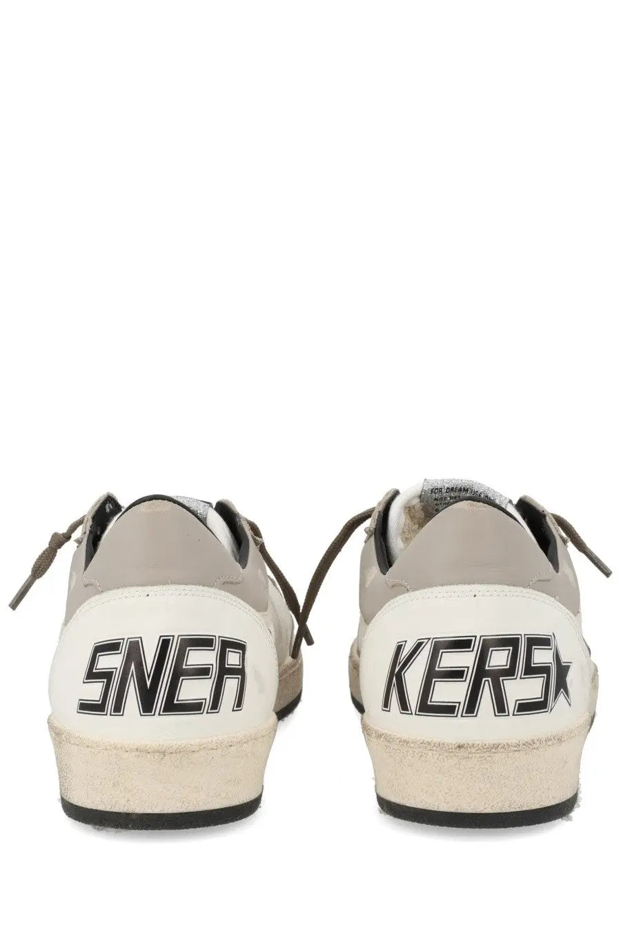 Back side of golden goose men’s ballstar sneaker in white and gray suede with black sneakers lettering on heel