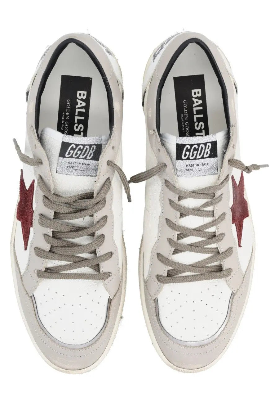 Golden Goose men’s Ballstar sneaker multicolor with white and gray suede, maroon star, and black branding labels inside