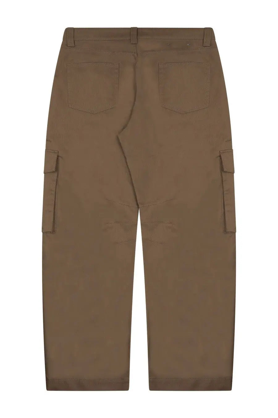 Back side of golden goose men’s tan cargo pants featuring two back pockets and side flap pockets in brown fabric