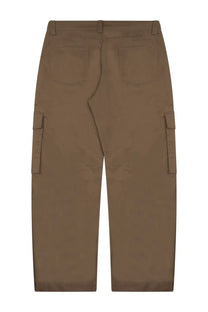 Back side of golden goose men’s tan cargo pants featuring two back pockets and side flap pockets in brown fabric