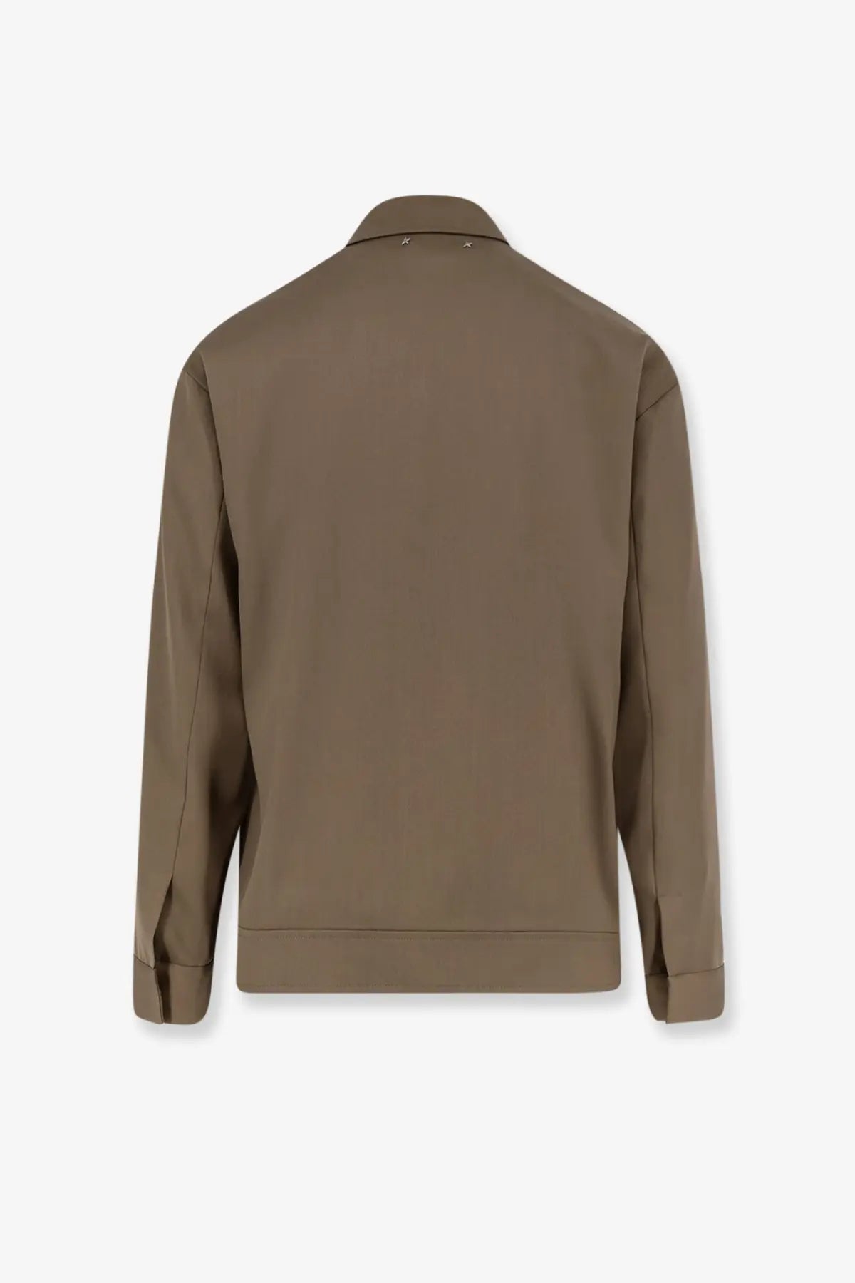 Golden Goose men’s coach wool and cotton jacket brown with a sleek olive green trench coat front and subtle stitching details