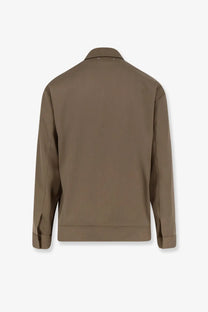 Golden Goose men’s coach wool and cotton jacket brown with a sleek olive green trench coat front and subtle stitching details