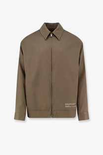 Golden Goose men’s coach wool and cotton jacket brown with structured collar and subtle white text detailing