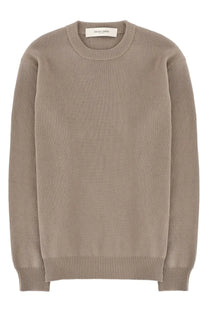 Beige ribbed knit sweater with classic crew neck long sleeves cotton jersey golden goose label at neckline