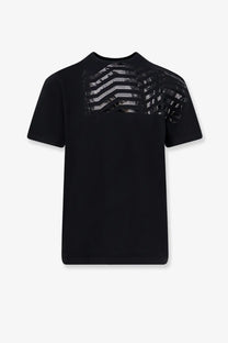 Golden Goose men’s black cotton t-shirt with short sleeves and silver black wavy stripe pattern on the shoulders