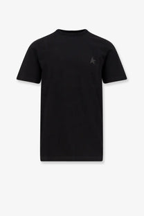 Golden Goose men’s black cotton t-shirt with short sleeves and a subtle dark gray star logo on the left chest