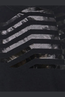 Golden Goose men’s black cotton t-shirt with a bold zigzagging shiny metallic tape pattern across the chest