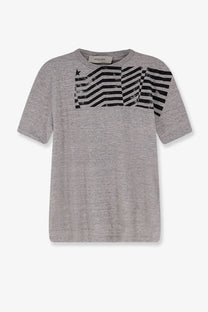 Golden Goose men’s gray heathered cotton t-shirt with bold black diagonal stripes and star graphic on the chest