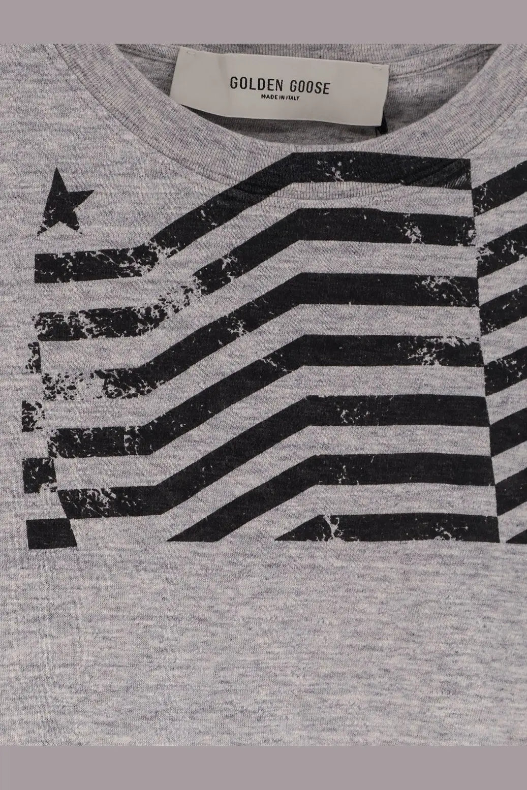 Gray heathered cotton t-shirt with distressed black and white american flag graphic by golden goose men’s cotton shirt gray