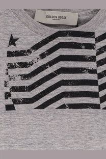 Gray heathered cotton t-shirt with distressed black and white american flag graphic by golden goose men’s cotton shirt gray