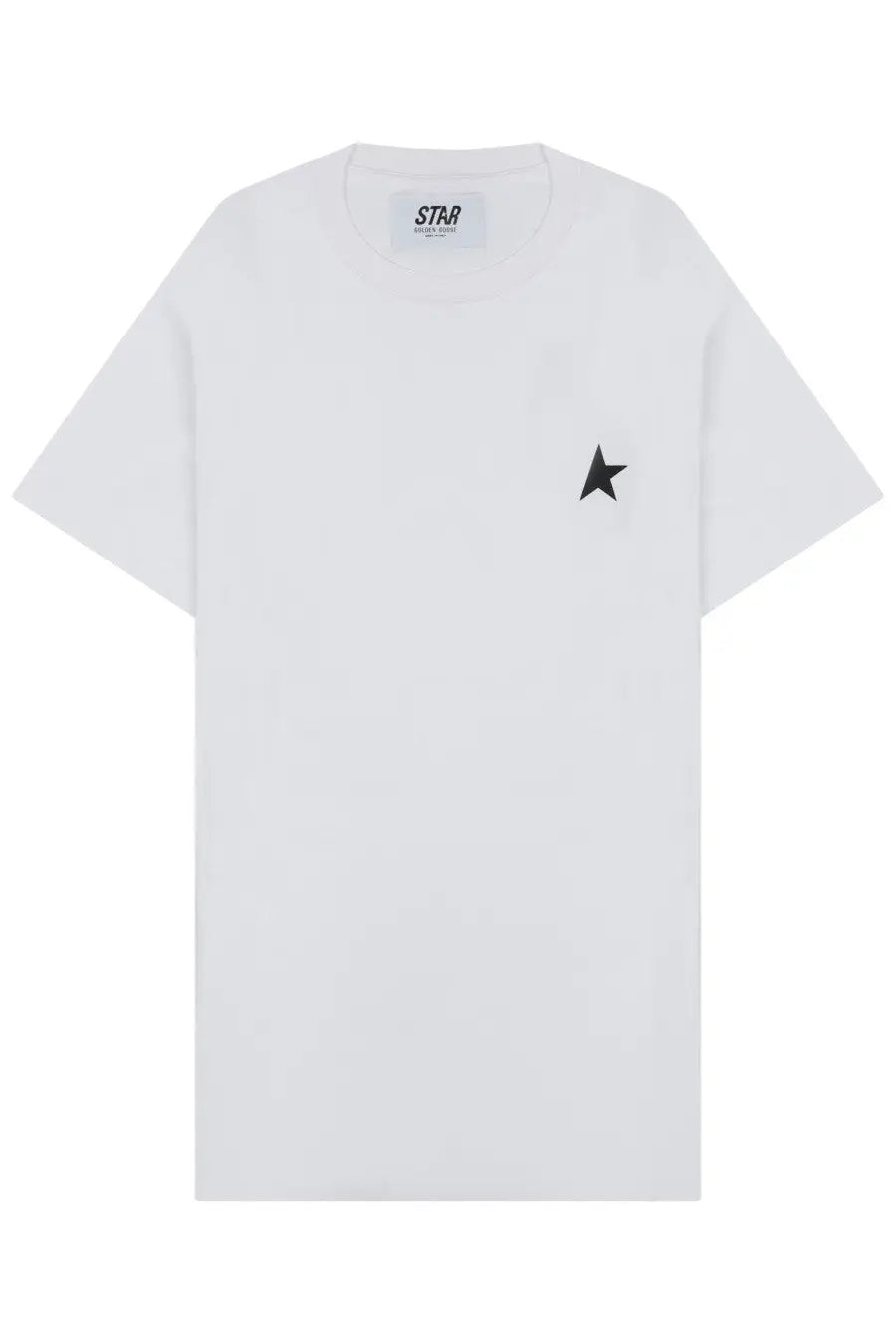 Golden Goose men’s white cotton t-shirt with a black star embroidered on the left chest and star label at neckline