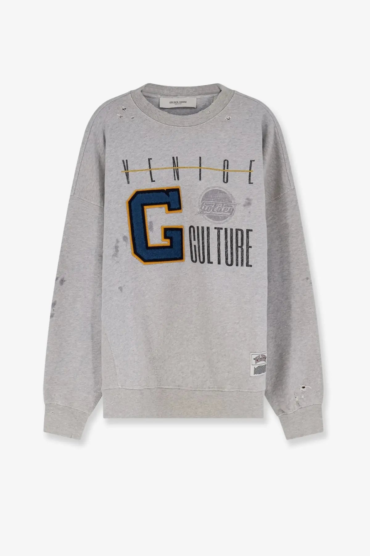Golden Goose men’s grey cotton sweatshirt with distressed fabric and bold blue and yellow g graphic with venice text