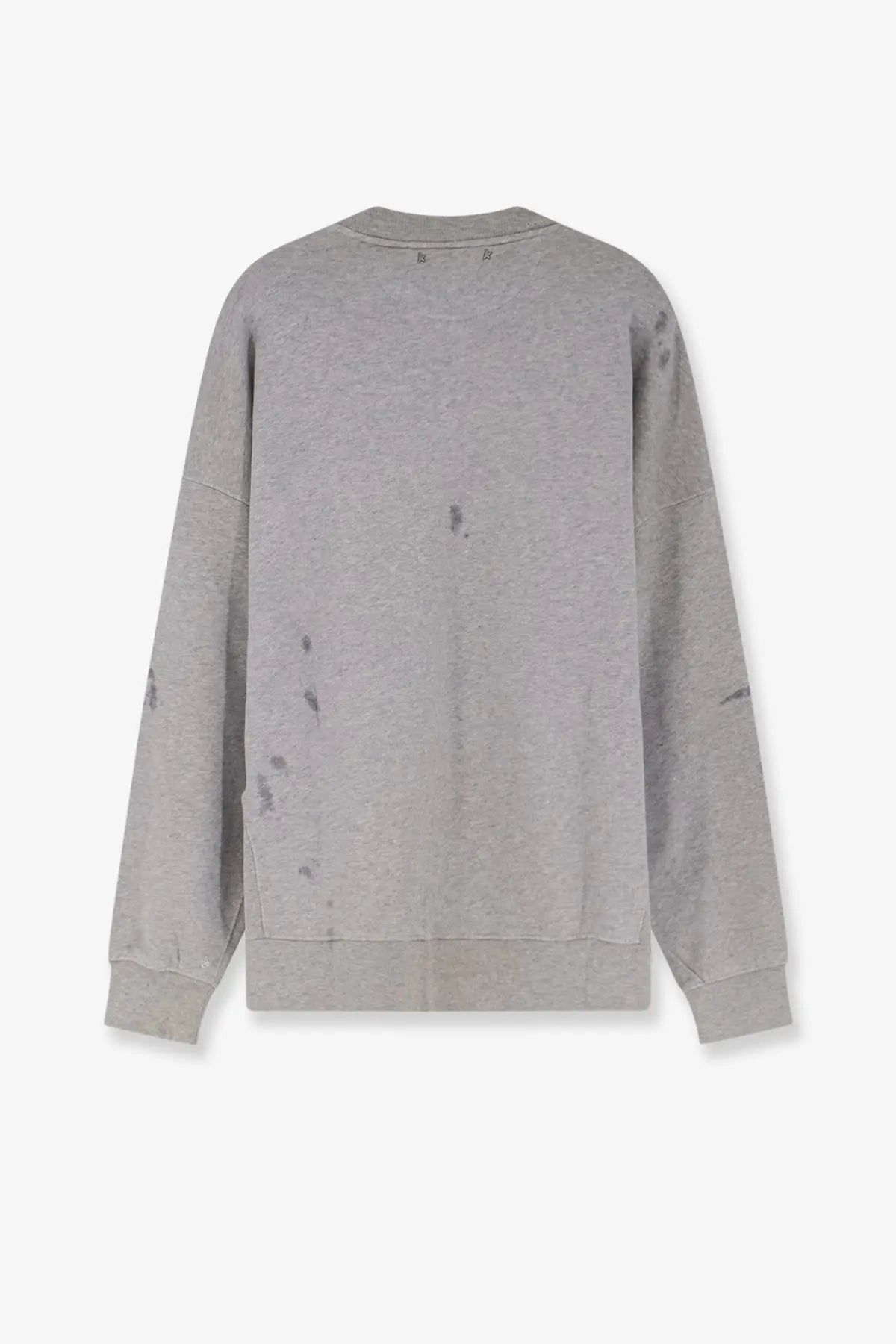 Golden goose men’s gray cotton sweatshirt with heathered texture and dark gray distressed splatter stains