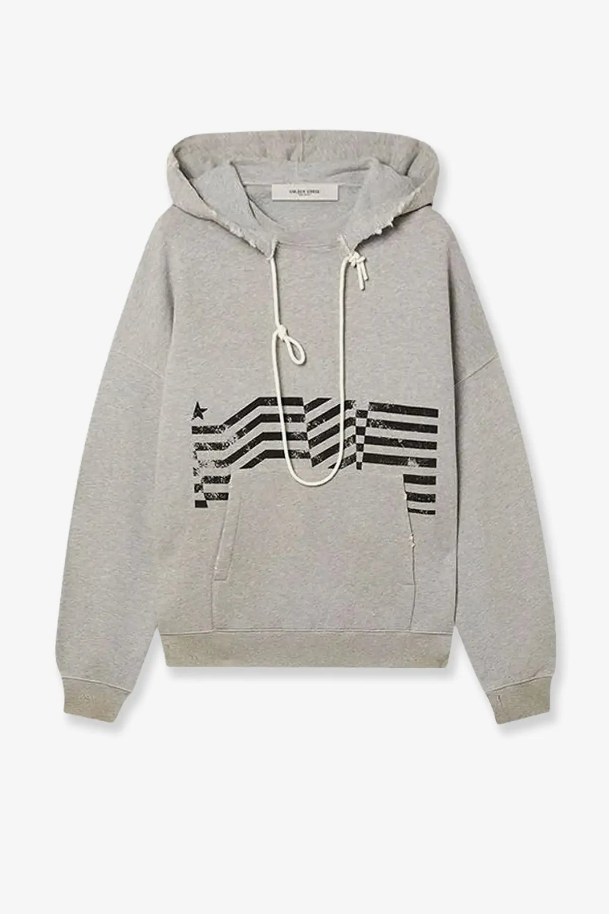 Golden Goose men’s heather gray cotton hooded sweatshirt with distressed black wavy stripe star graphic and white drawstrings