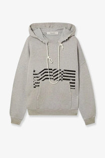 Golden Goose men’s heather gray cotton hooded sweatshirt with distressed black wavy stripe star graphic and white drawstrings