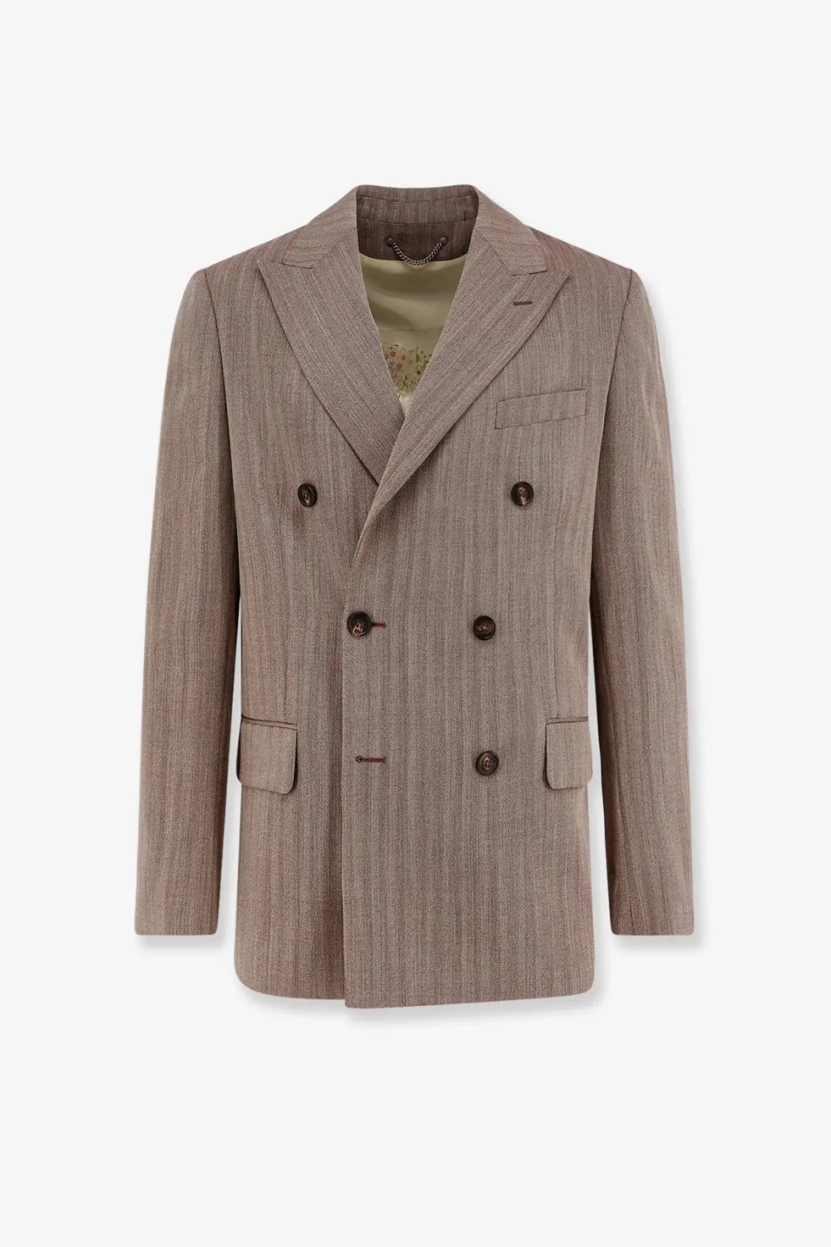 Golden goose men’s dave tailored beige double-breasted blazer with subtle vertical stripes and dark brown buttons