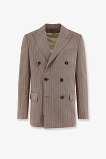 Golden goose men’s dave tailored beige double-breasted blazer with subtle vertical stripes and dark brown buttons
