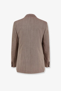 Golden goose men’s dave double breasted taupe blazer with subtle vertical stripes and matching buttoned cuffs