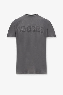 Golden Goose men’s distressed dark gray cotton t-shirt with short sleeves and metallic studded golden lettering across chest