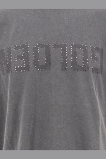 Golden goose men’s grey distressed cotton shirt with gray velvet t-shirt and sotto embroidered in rhinestones