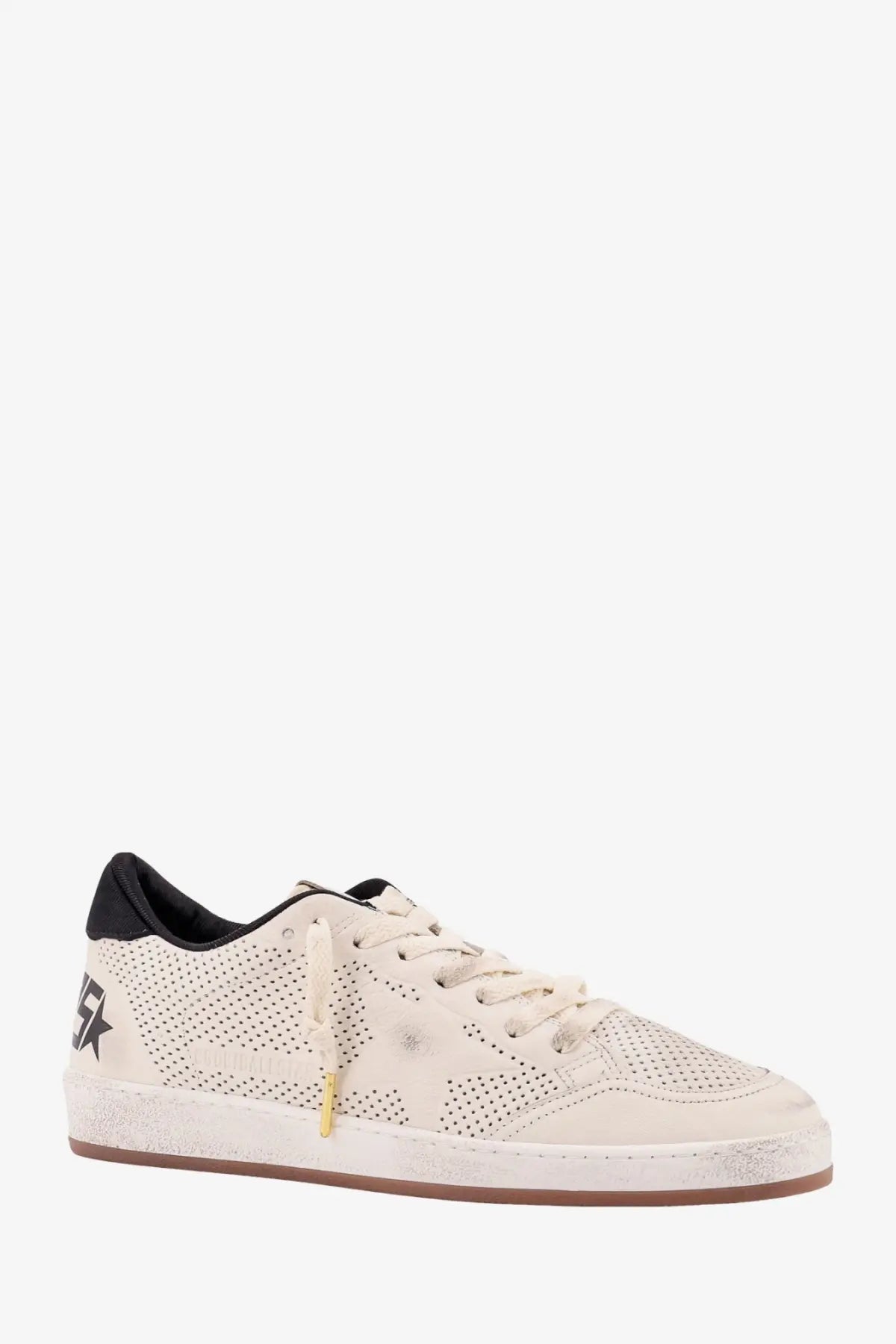 Golden Goose men’s HF Ball Star perforated leather sneakers white with cream suede star and black heel tab, distressed sole