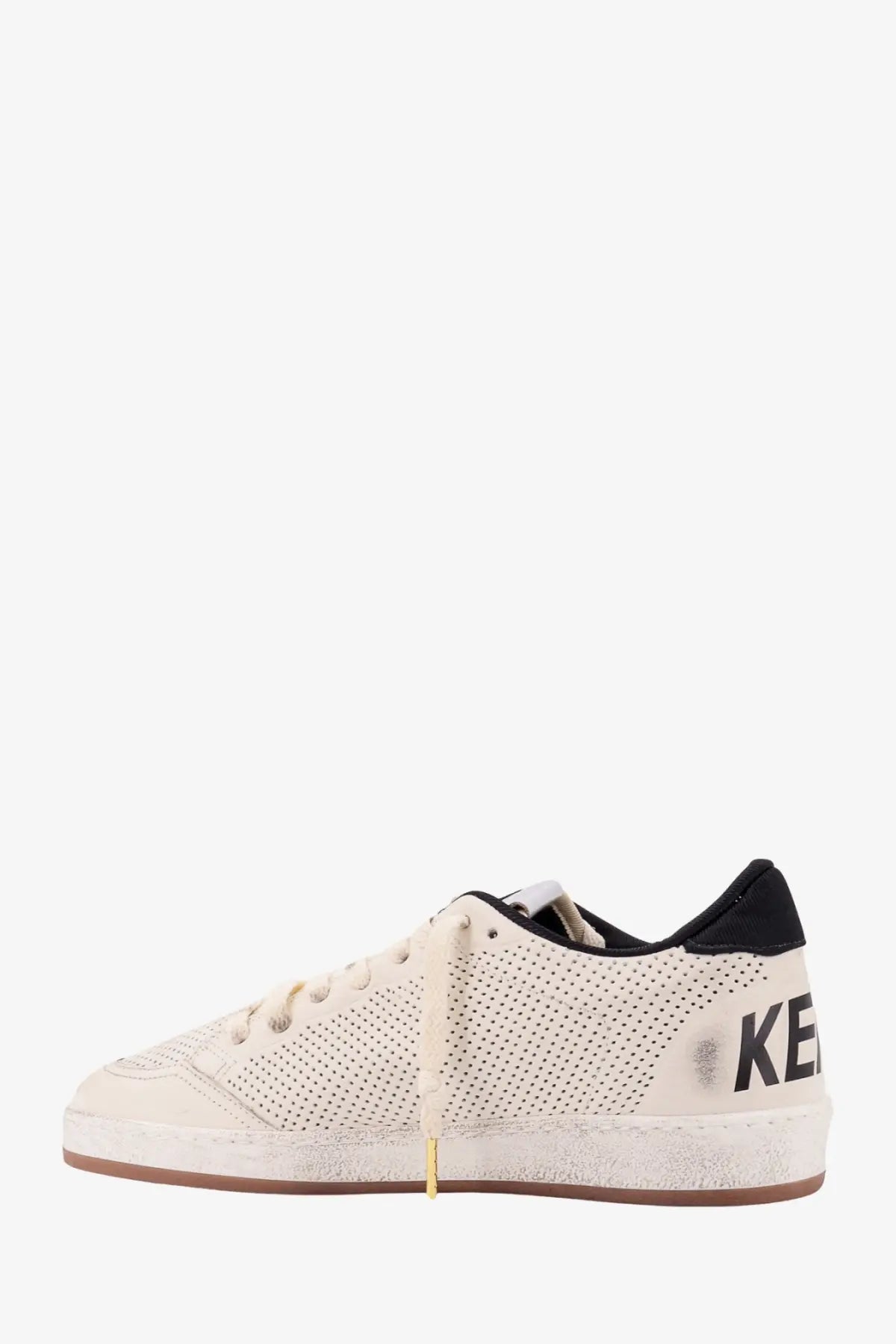 Golden Goose men’s HF Ball Star cream perforated leather sneaker with black heel tab and ke branding on the side