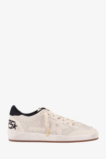 Golden Goose men’s HF Ball Star perforated cream leather sneaker with black heel tab star logo and distressed sole