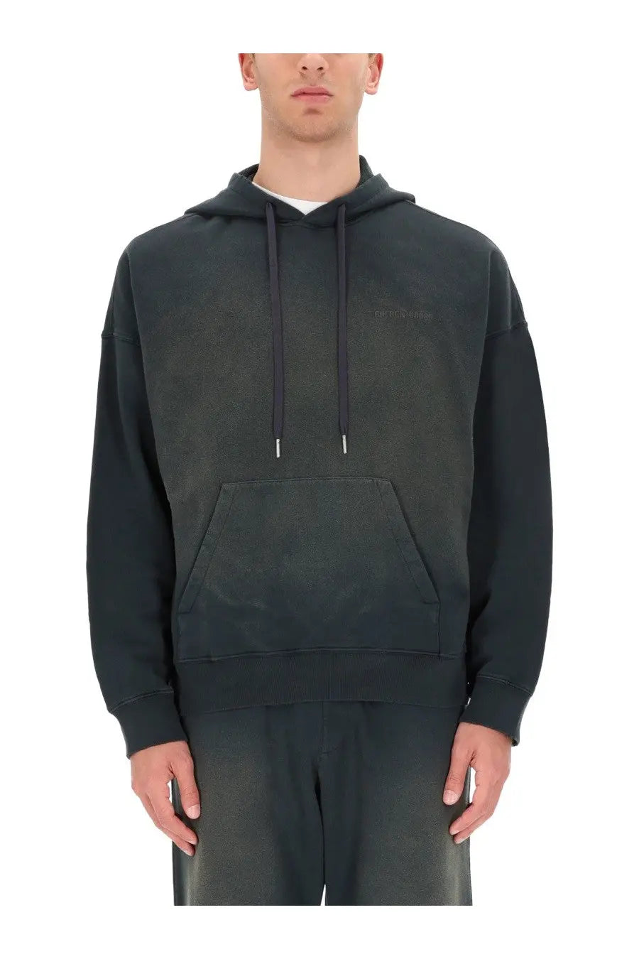 Golden Goose men’s hoodie black dark gray with subtle faded texture and matching drawstrings in a hooded sweatshirt design