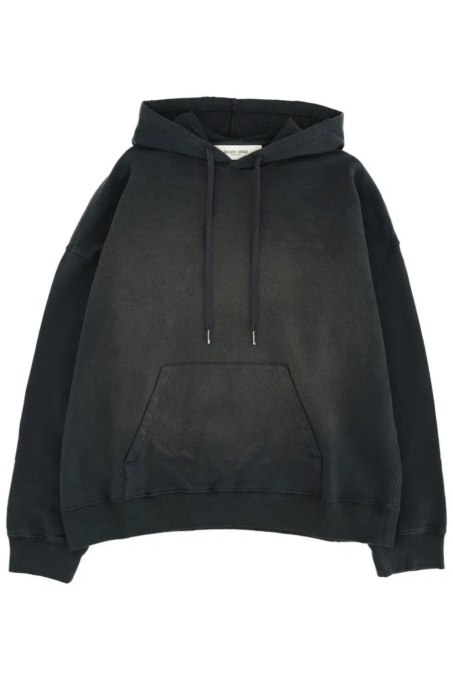 Golden Goose men’s black oversized hoodie with subtle faded texture and matching drawstrings front view