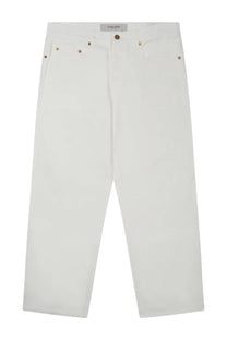 Golden goose men’s white denim jeans with gold-tone hardware and minimalist design front view
