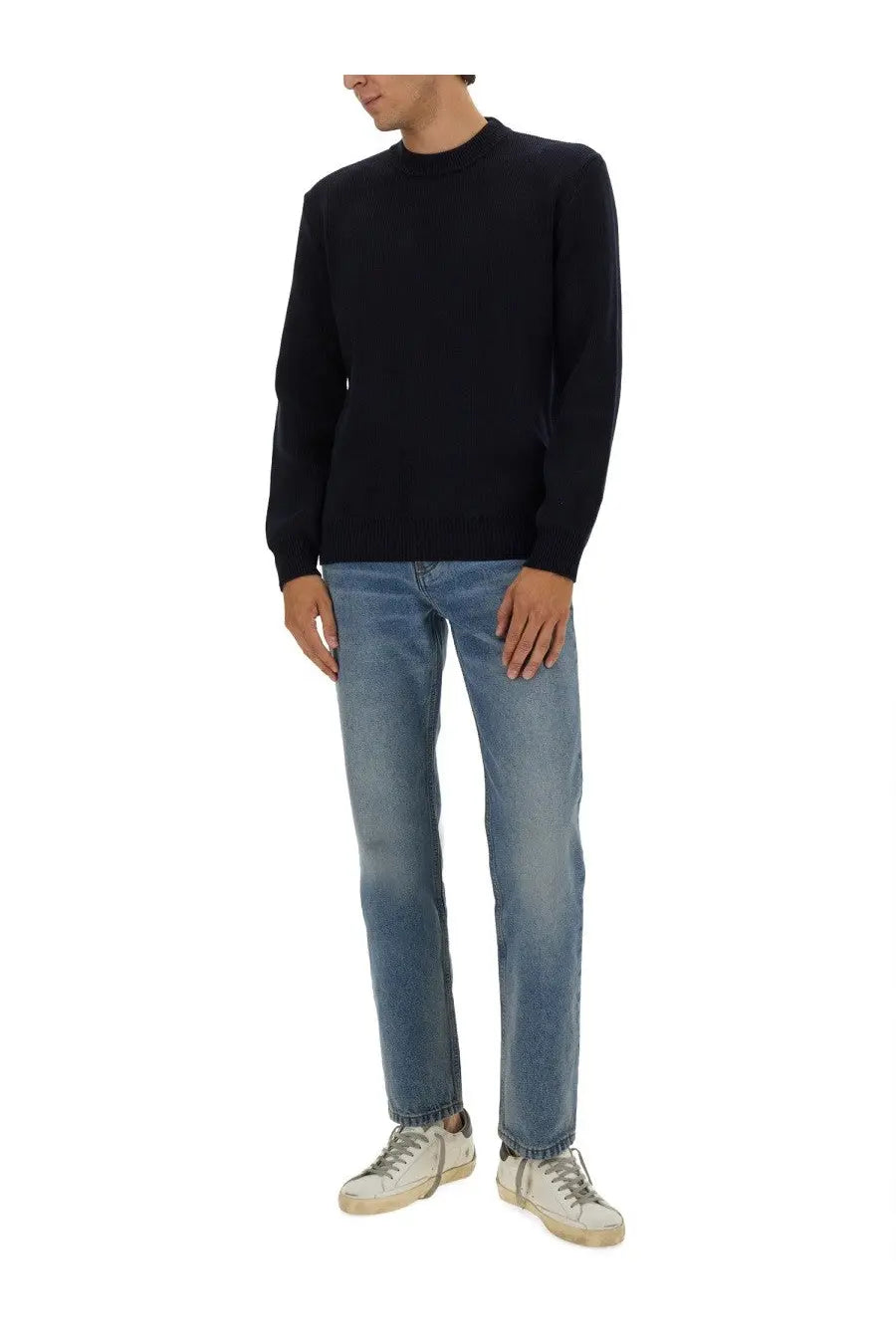 Black ribbed knit crewneck sweater by golden goose men’s jersey blue featuring a classic textured design
