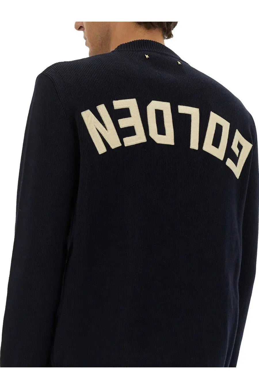 Dark navy ribbed knit sweater with bold cream golden lettering across the back from golden goose men’s jersey blue