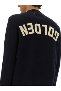Dark navy ribbed knit sweater with bold cream golden lettering across the back from golden goose men’s jersey blue