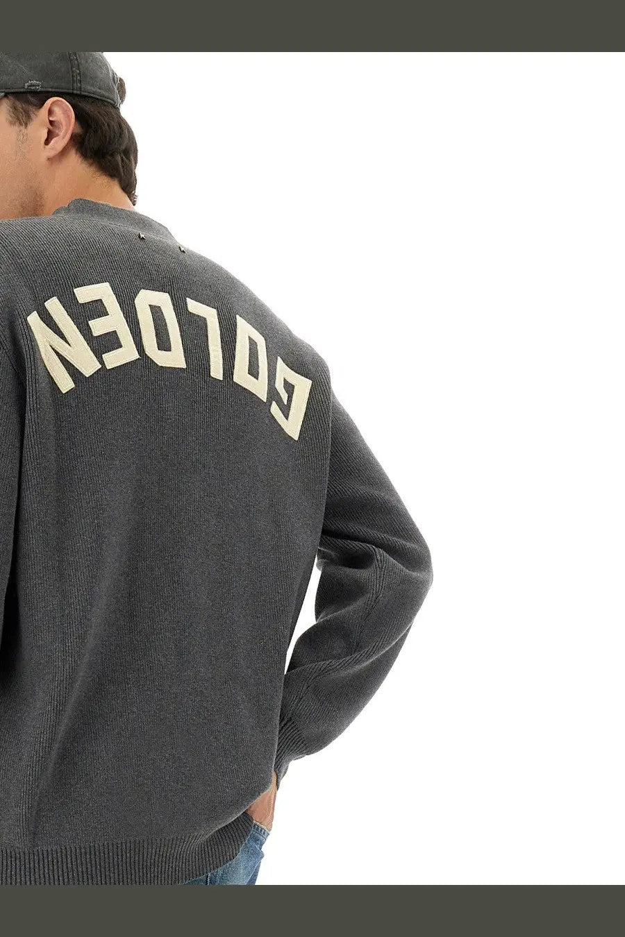Dark gray knit sweater with cream colored golden lettering on the back golden goose men’s lapel cardigan grey