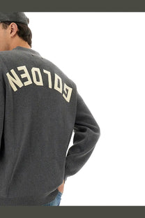Dark gray knit sweater with cream colored golden lettering on the back golden goose men’s lapel cardigan grey