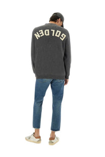 Back side of golden goose men’s lapel cardigan grey in dark gray knit with golden embroidered in cream lettering