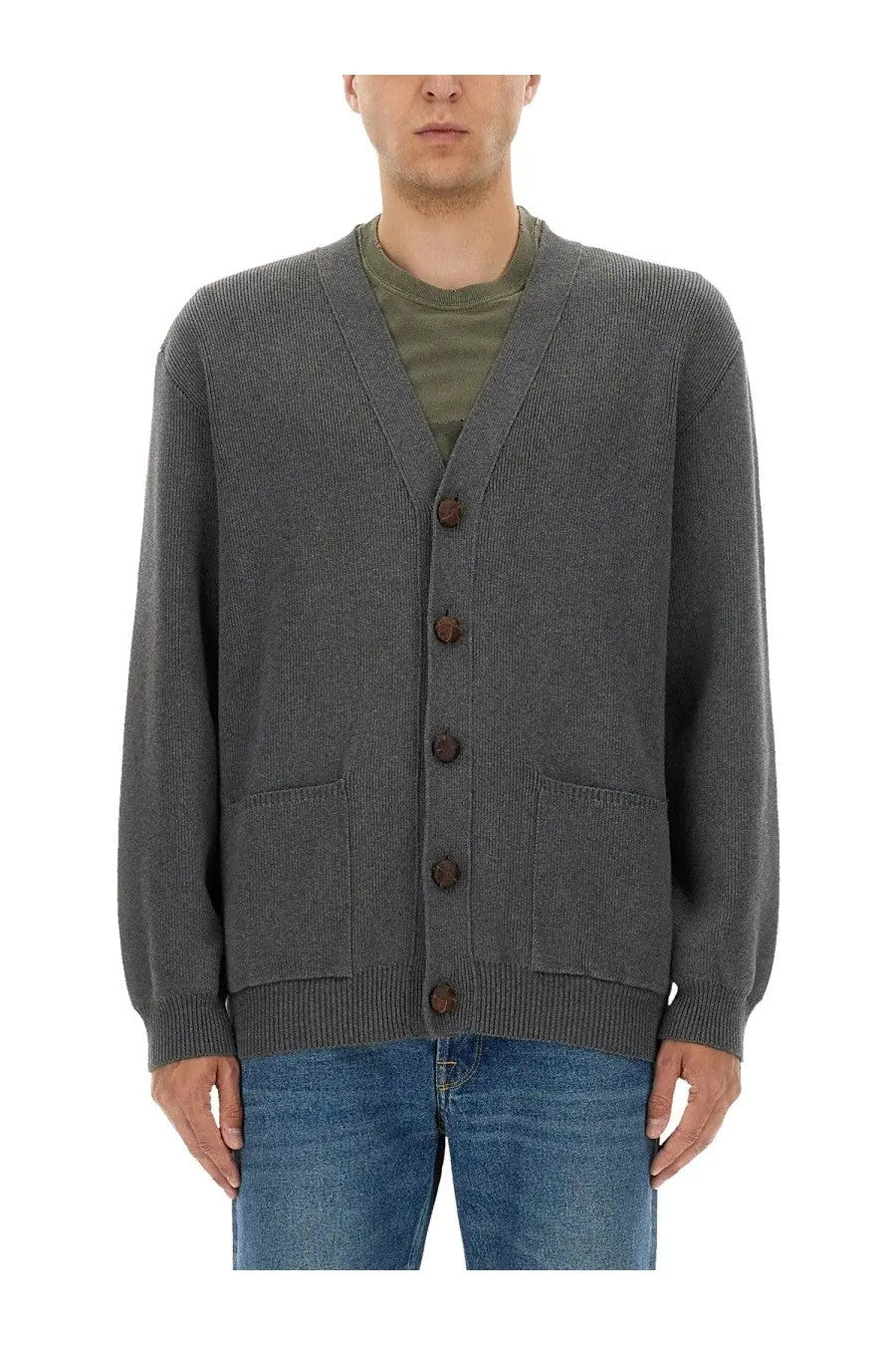 Golden Goose men’s lapel cardigan grey ribbed knit with dark brown wooden buttons and two front pockets