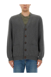 Golden Goose men’s lapel cardigan grey ribbed knit with dark brown wooden buttons and two front pockets