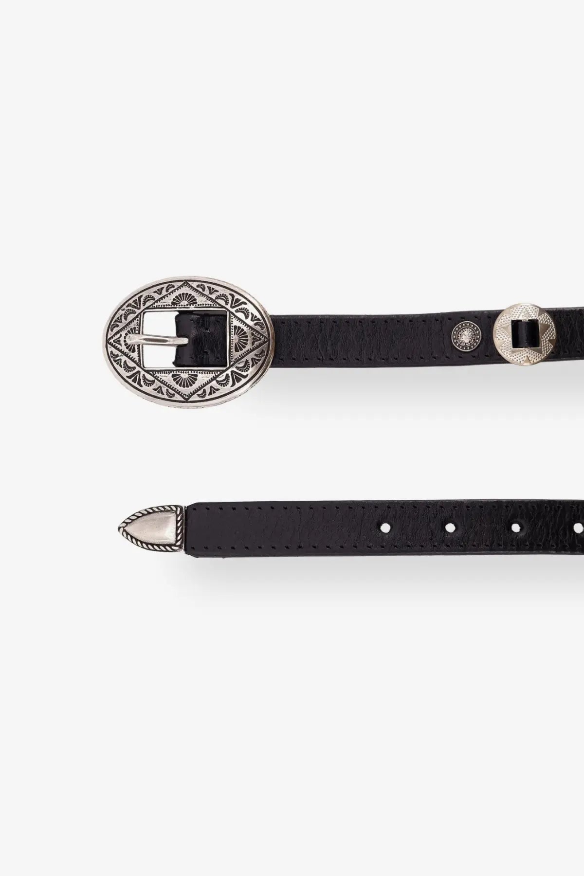 Golden goose men’s black leather belt with ornate silver-toned oval buckle featuring geometric and floral patterns